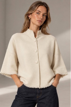 Cream Oversized High Neck Fringe Cardigan - AIMELIA BR3027