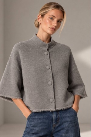 Grey Oversized High Neck Fringe Cardigan - AIMELIA BR3028