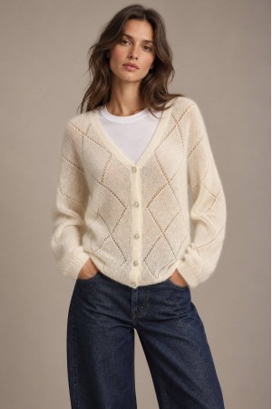 Cream Mohair V-Neck Crochet Detail Cardigan - AIMELIA BR3015
