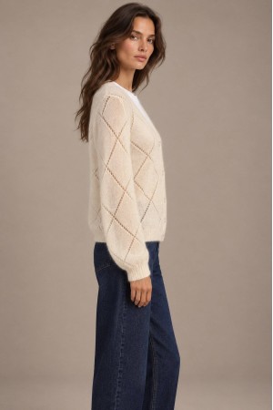 Cream Mohair V-Neck Crochet Detail Cardigan - AIMELIA BR3015