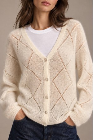 Cream Mohair V-Neck Crochet Detail Cardigan - AIMELIA BR3015