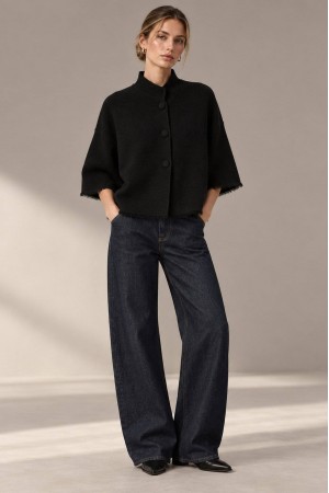 Black Oversized High Neck Fringe Cardigan - AIMELIA BR3025