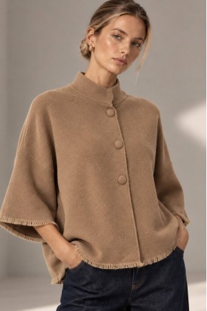 Beige Oversized High Neck Fringe Cardigan - AIMELIA BR3026 Beige Oversized High Neck Fringe Cardigan - AIMELIA BR3026