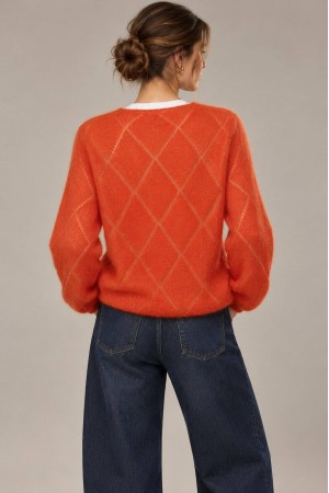Orange Mohair V-Neck Crochet Detail Cardigan - AIMELIA BR3016