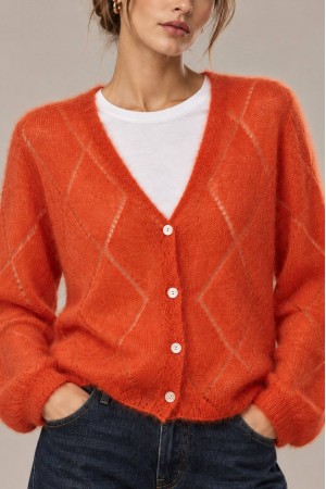Orange Mohair V-Neck Crochet Detail Cardigan - AIMELIA BR3016