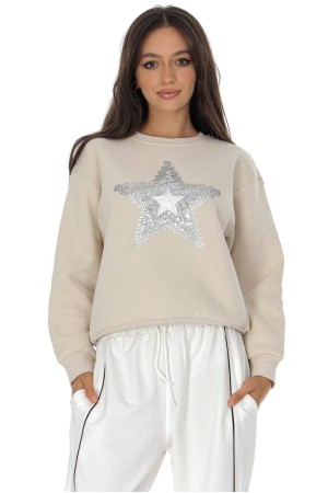 Casual cotton blend sweatshirt with a star motif Beige BR2883 Casual cotton blend sweatshirt with a star motif Beige BR2883