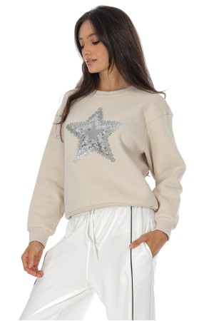 Casual cotton blend sweatshirt with a star motif Beige BR2883 Casual cotton blend sweatshirt with a star motif Beige BR2883
