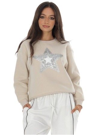 Casual cotton blend sweatshirt with a star motif Beige BR2883 Casual cotton blend sweatshirt with a star motif Beige BR2883