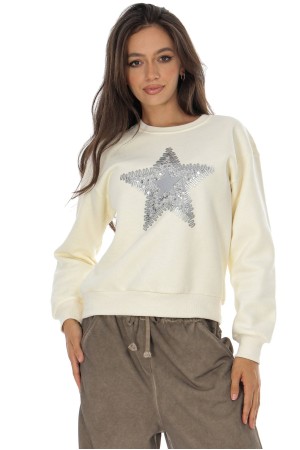 Casual cotton blend sweatshirt with a star motif Cream  BR2881