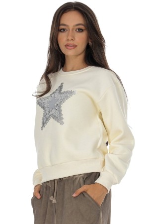 Casual cotton blend sweatshirt with a star motif Cream  BR2881