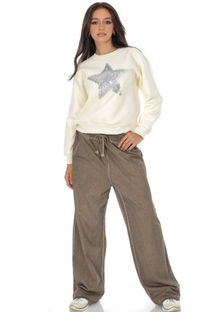 Casual cotton blend sweatshirt with a star motif Cream  BR2881