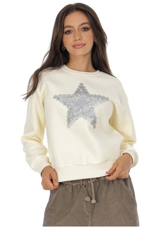 Casual cotton blend sweatshirt with a star motif Cream  BR2881