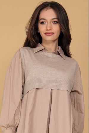 Chic oversized shirt dress Aimelia DR4501 Camel with a knitted bodice