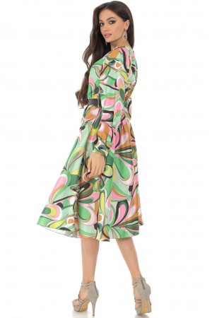 Colourful midi dress DR4526 Green/Pink in a vintage print