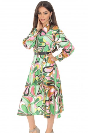 Colourful midi dress DR4526 Green/Pink in a vintage print