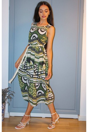 Cotton maxi dress Aimelia Dr4458 Green/ Black with a contrasting belt.
