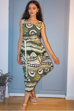 Cotton maxi dress Aimelia Dr4458 Green/ Black with a contrasting belt.