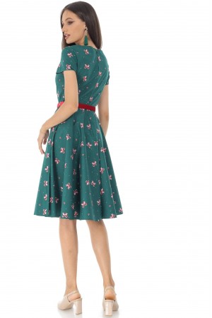 Cotton midi dress Aimelia Dr4454 in Green with a contrasting red belt.