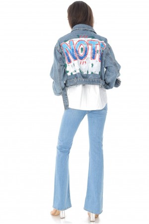 Denim jacket Aimelia J563, in Denim Blue, with a paint detail on the back.