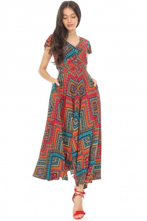 Vibrant printed maxi dress Aimelia Dr4657 , Multicoloured, with pockets.