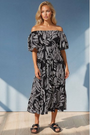  Womens Black Floral Print Bardot Midi Dress Roh DR4815