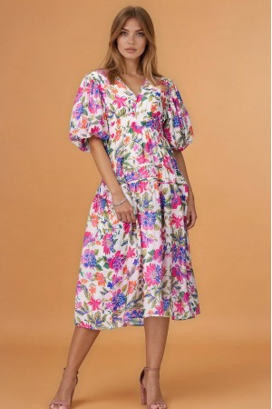 Womens Printed Puff Sleeve Midi Dress Roh DR4816