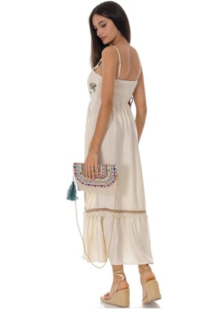 Summer maxi dress in cotton and linen with embroidery  Cream DR4824
