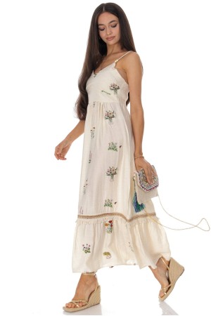 Summer maxi dress in cotton and linen with embroidery  Cream DR4824