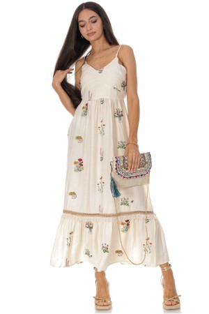 Summer maxi dress in cotton and linen with embroidery  Cream DR4824