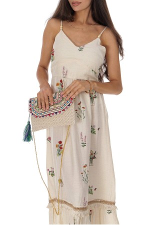 Summer maxi dress in cotton and linen with embroidery  Cream DR4824