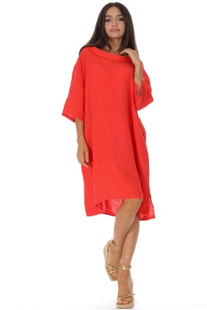 Oversize linen dress with pockets in Red  DR4829