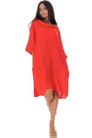 Oversize linen dress with pockets in Red  DR4829