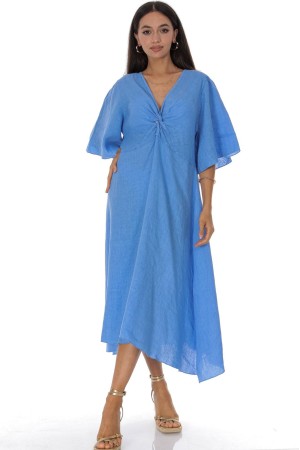   Linen Twist Front Midi Dress in Blue  Roh DR4830