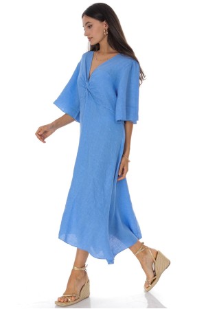   Linen Twist Front Midi Dress in Blue  Roh DR4830