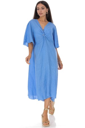   Linen Twist Front Midi Dress in Blue  Roh DR4830
