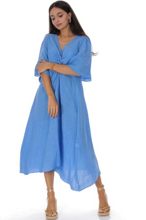   Linen Twist Front Midi Dress in Blue  Roh DR4830