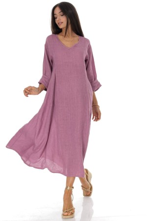 Midi length dress in linen with pockets in Dusky Pink Roh Dr4831