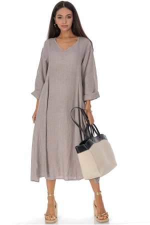 V Neck linen midi dress in Beige Roh DR4832