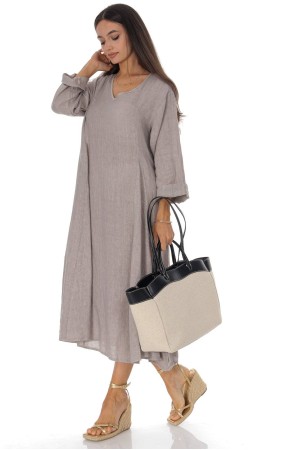 V Neck linen midi dress in Beige Roh DR4832