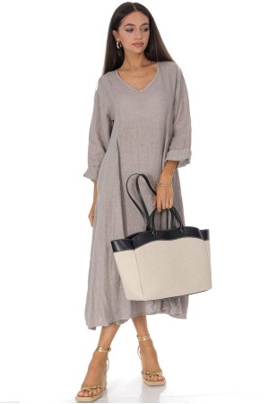 V Neck linen midi dress in Beige Roh DR4832