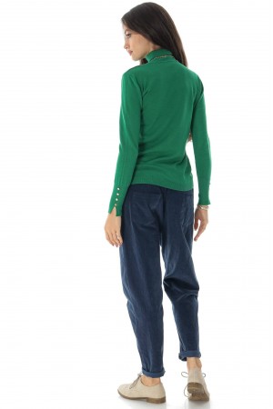 Elegant fine polo neck jumper with gold buttons, Green, Aimelia BR2675