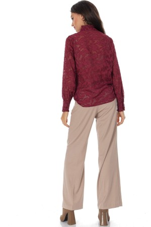 Elegant sheer lace blouse with frills in Wine  BR2946