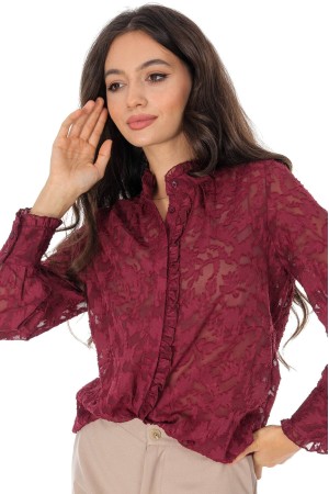 Elegant sheer lace blouse with frills in Wine  BR2946