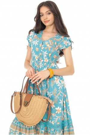 Floral midi dress Aimelia DR4660, Turquoise,with pockets