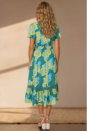 Floral midi dress with a lace trim, with pockets, in Green Roh DR4845 Floral midi dress with a lace trim, with pockets, in Green Roh DR4845