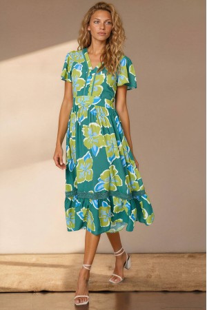 Floral midi dress with a lace trim, with pockets, in Green Roh DR4845 Floral midi dress with a lace trim, with pockets, in Green Roh DR4845