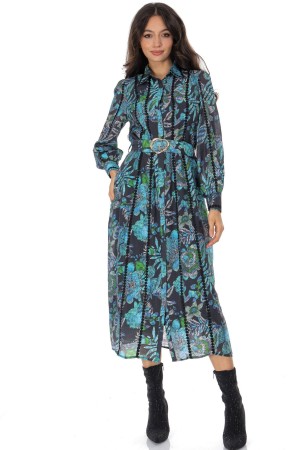 Women’s Blue Floral Print Midi Dress with Belt 