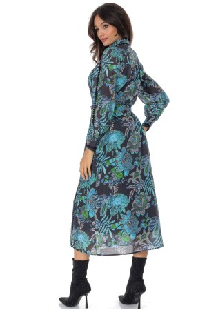 Women’s Blue Floral Print Midi Dress with Belt 