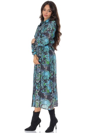Women’s Blue Floral Print Midi Dress with Belt 