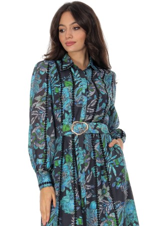 Women’s Blue Floral Print Midi Dress with Belt 
